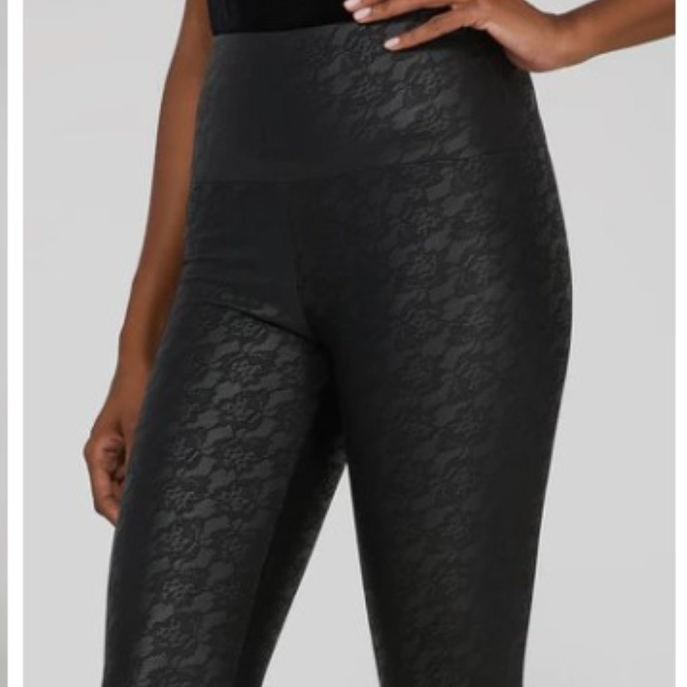 Lace Print Faux Leather Pants